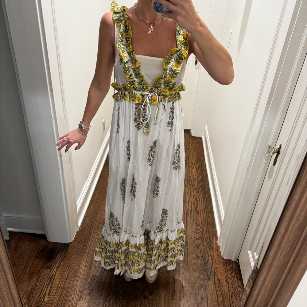 Love The Label Floral Ruffle Maxi Dress - White Yellow and green size small